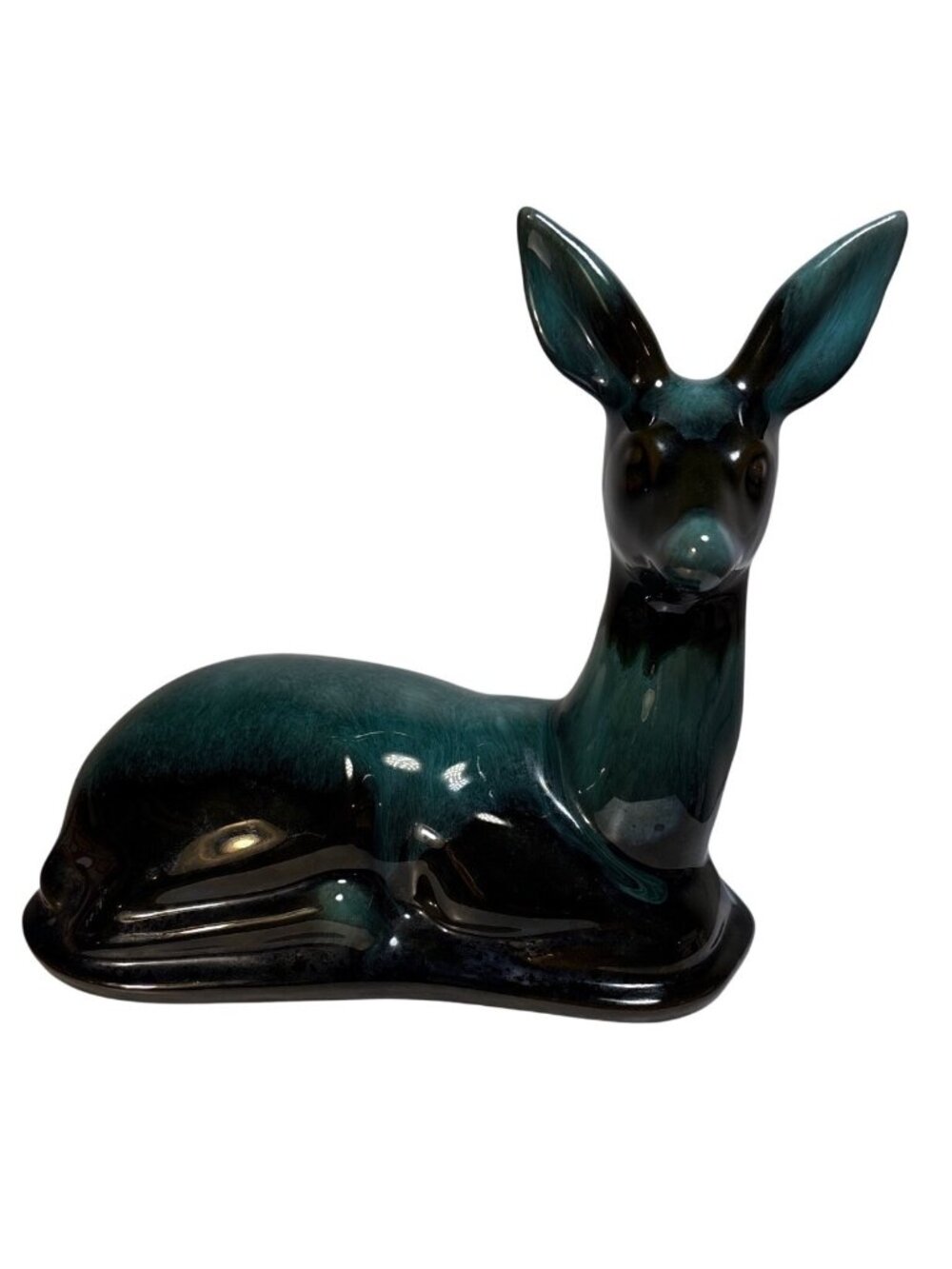 Blue Mountain Pottery Deer Figurine Sitting Green Black Drip Glaze 7.5" MCM